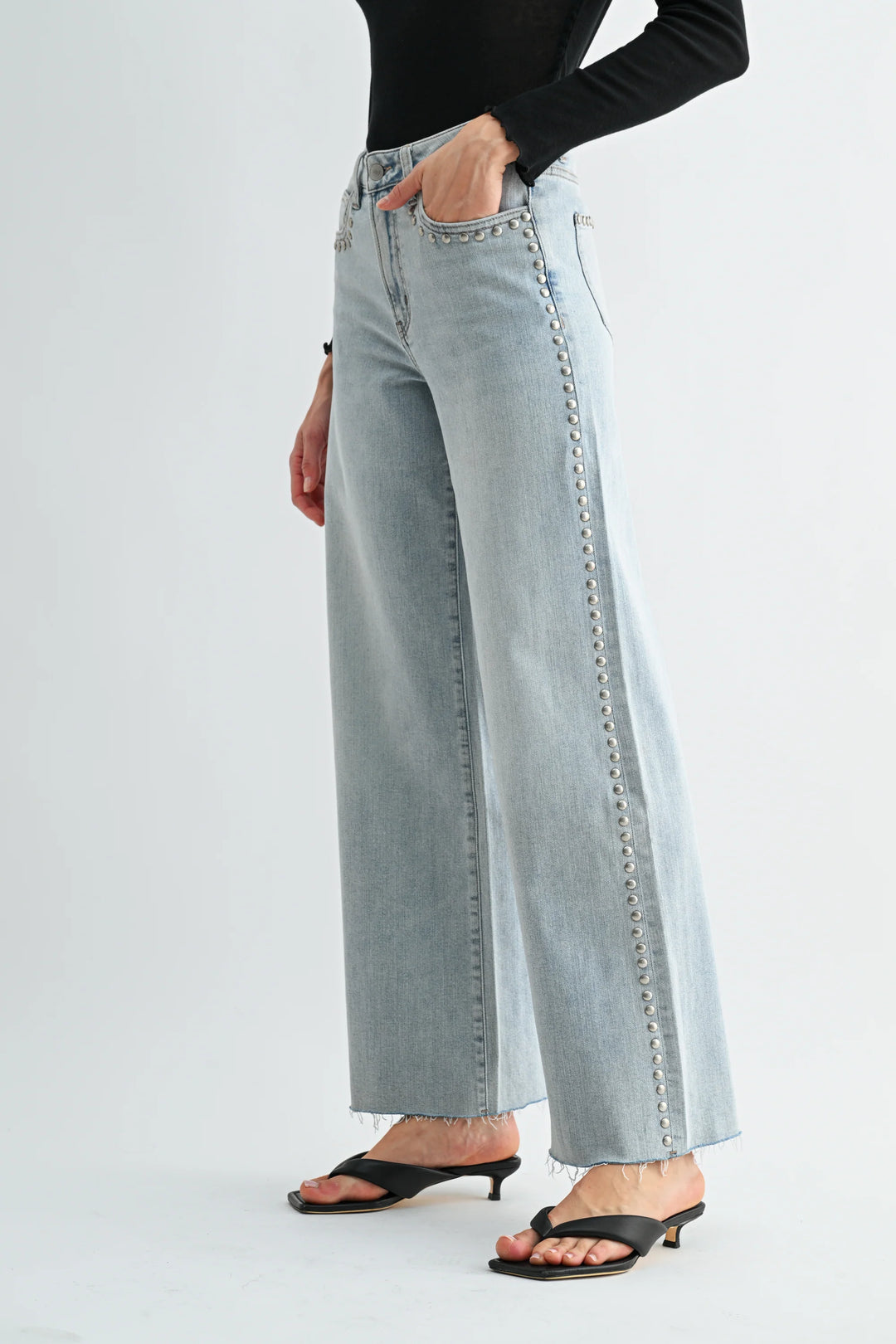 Ladies Mica Denim HIGH-RISE WIDE LEG RAW HEM STUDDED JEANS - MDP-W3904