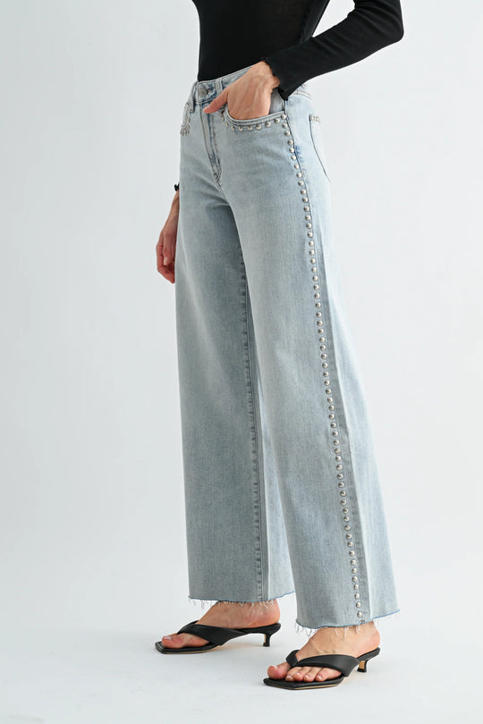 Ladies Mica Denim HIGH-RISE WIDE LEG RAW HEM STUDDED JEANS - MDP-W3904