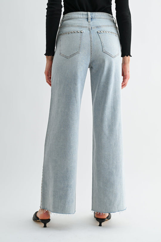 Ladies Mica Denim HIGH-RISE WIDE LEG RAW HEM STUDDED JEANS - MDP-W3904