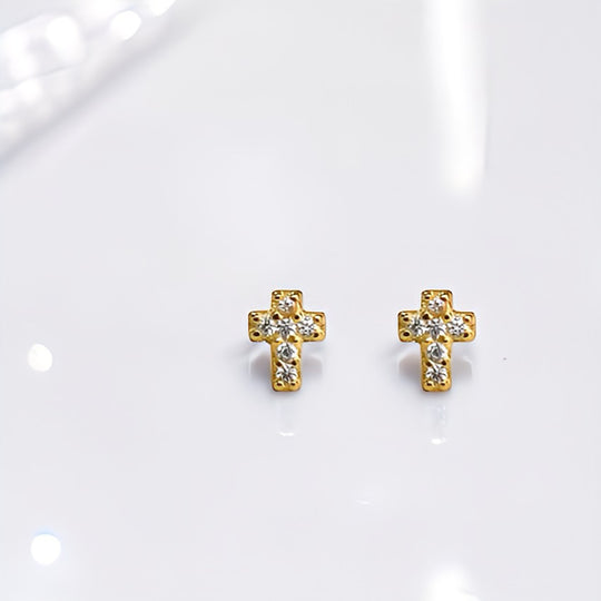Sugar Bean Jewelry MINI CROSS STUDS - Yellow Gold
