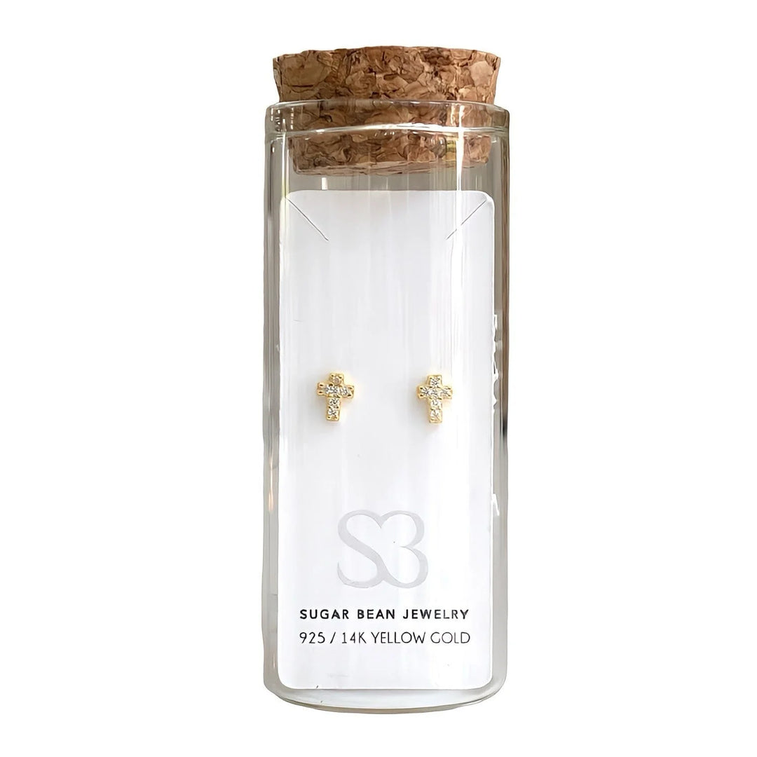 Sugar Bean Jewelry MINI CROSS STUDS - Yellow Gold