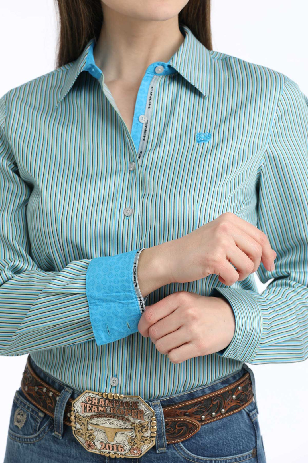 Ladies Cruel Girl Teal Striped Long Sleeve Shirt - MSW9165080