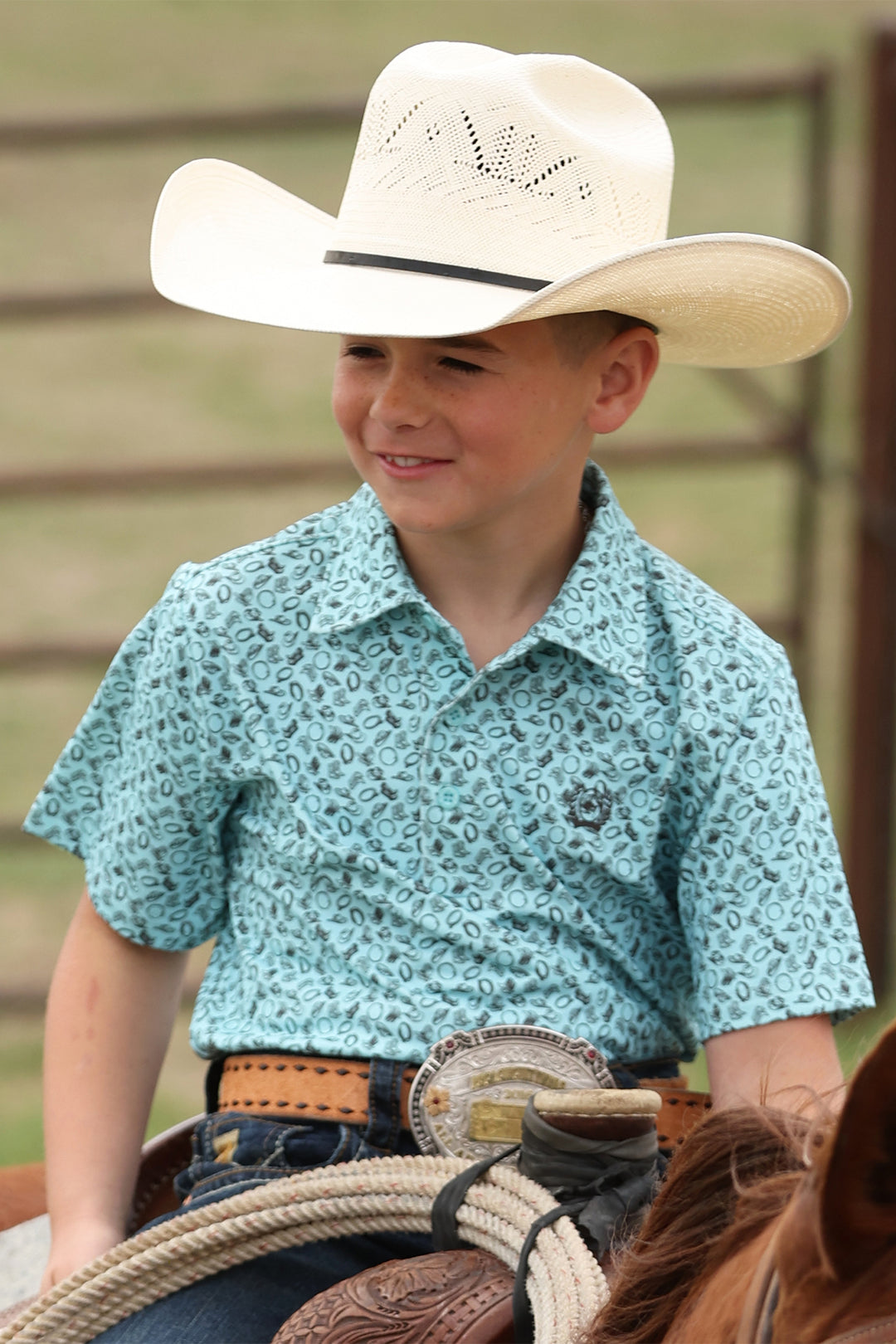Boys Cinch Teal Western Print Polo - MTK7600014