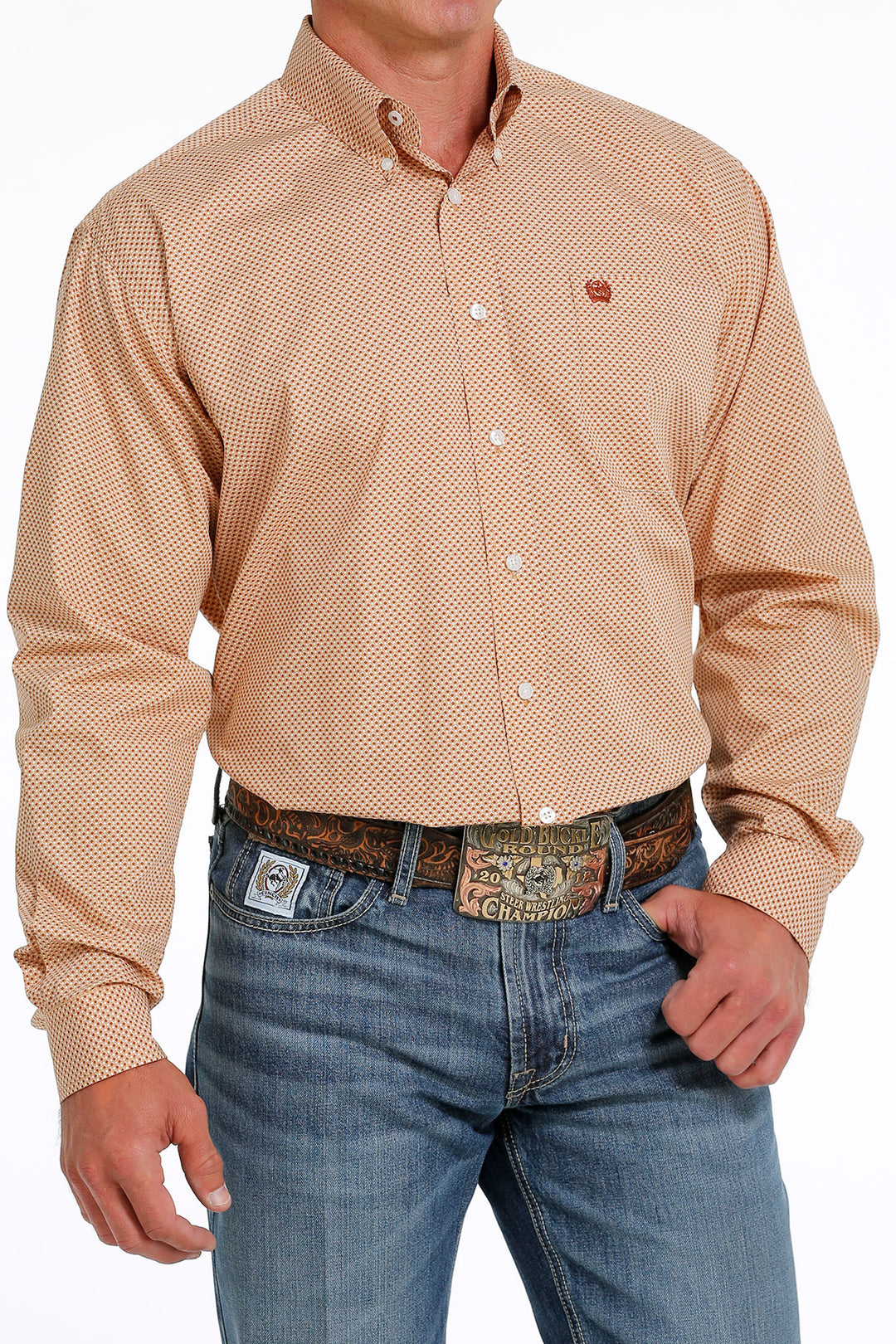 Men's Cinch Khaki Geometric Print Long Sleeve Shirt - MTW1105614