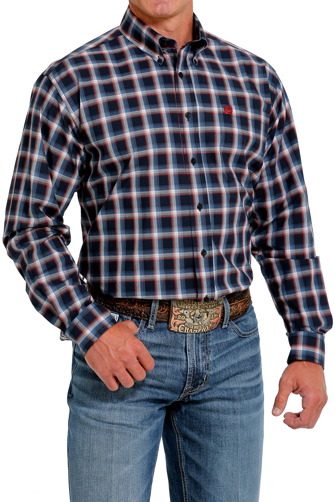 Camicia abbottonata a maniche lunghe scozzese blu scuro Cinch da uomo - MTW1105624