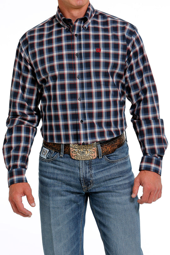 Chemise boutonnée à manches longues à carreaux bleu marine Cinch pour hommes - MTW1105624