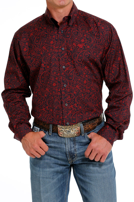 Men's Cinch Burgundy/Navy Paisley Long Sleeve Shirt - MTW1105626