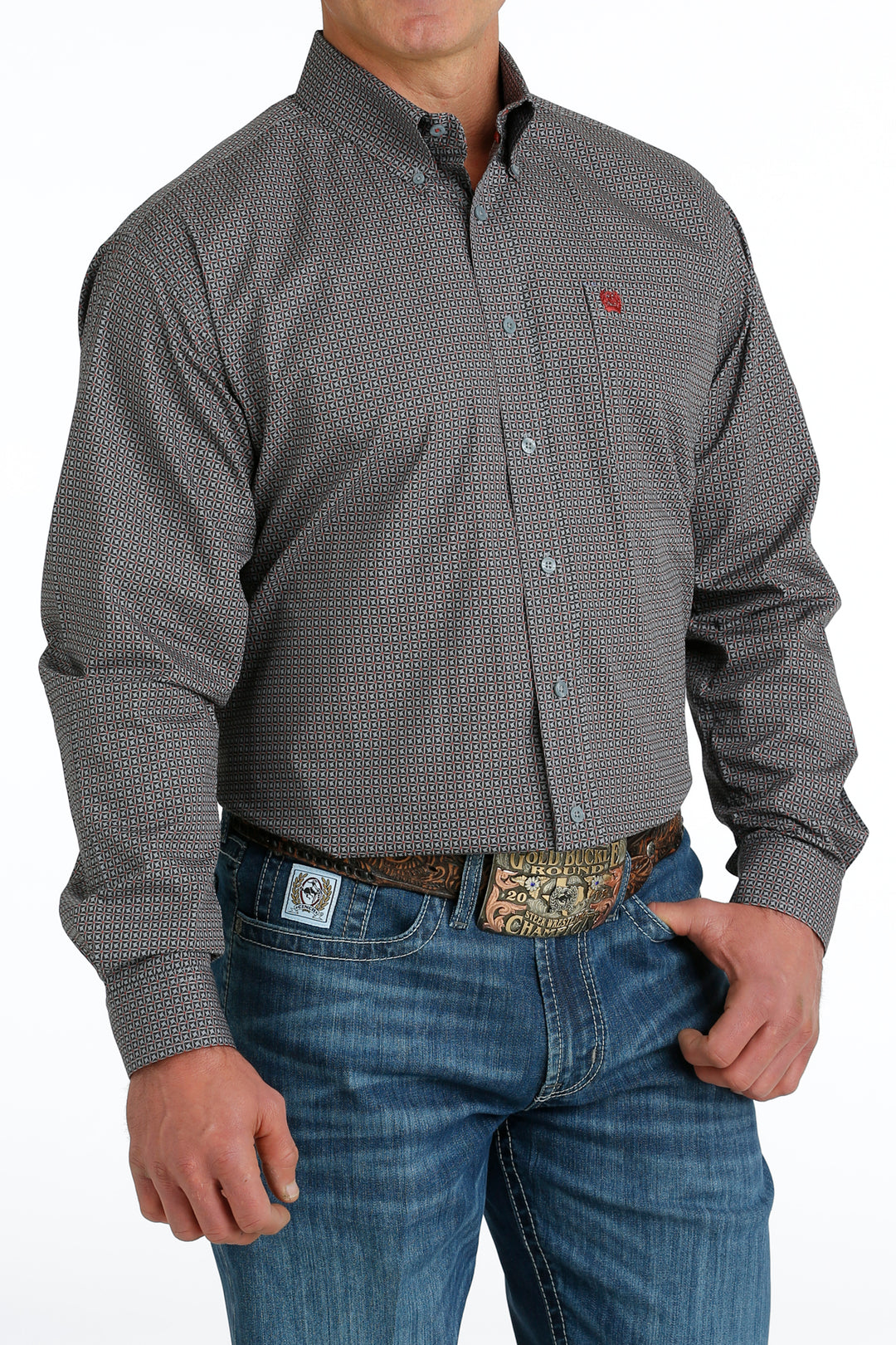 Men's Cinch Long Sleeve Grey Print Shirt - MTW1105650