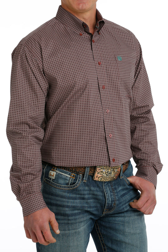Men's Cinch Burgundy Long Sleeve Button Down Shirt - MTW1105710