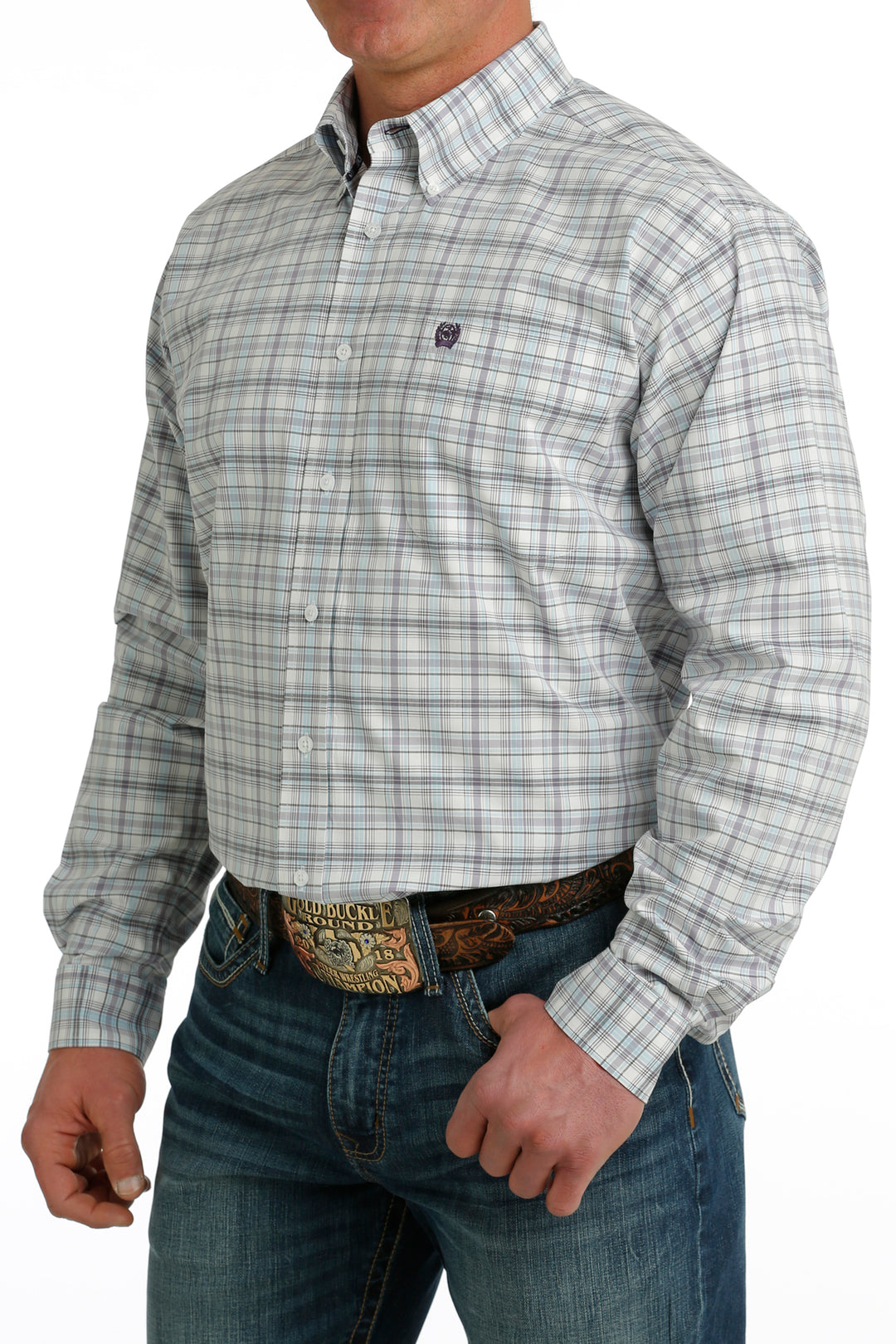 Men's Cinch Purple/White Plaid Long Sleeve Shirt - MTW1105733