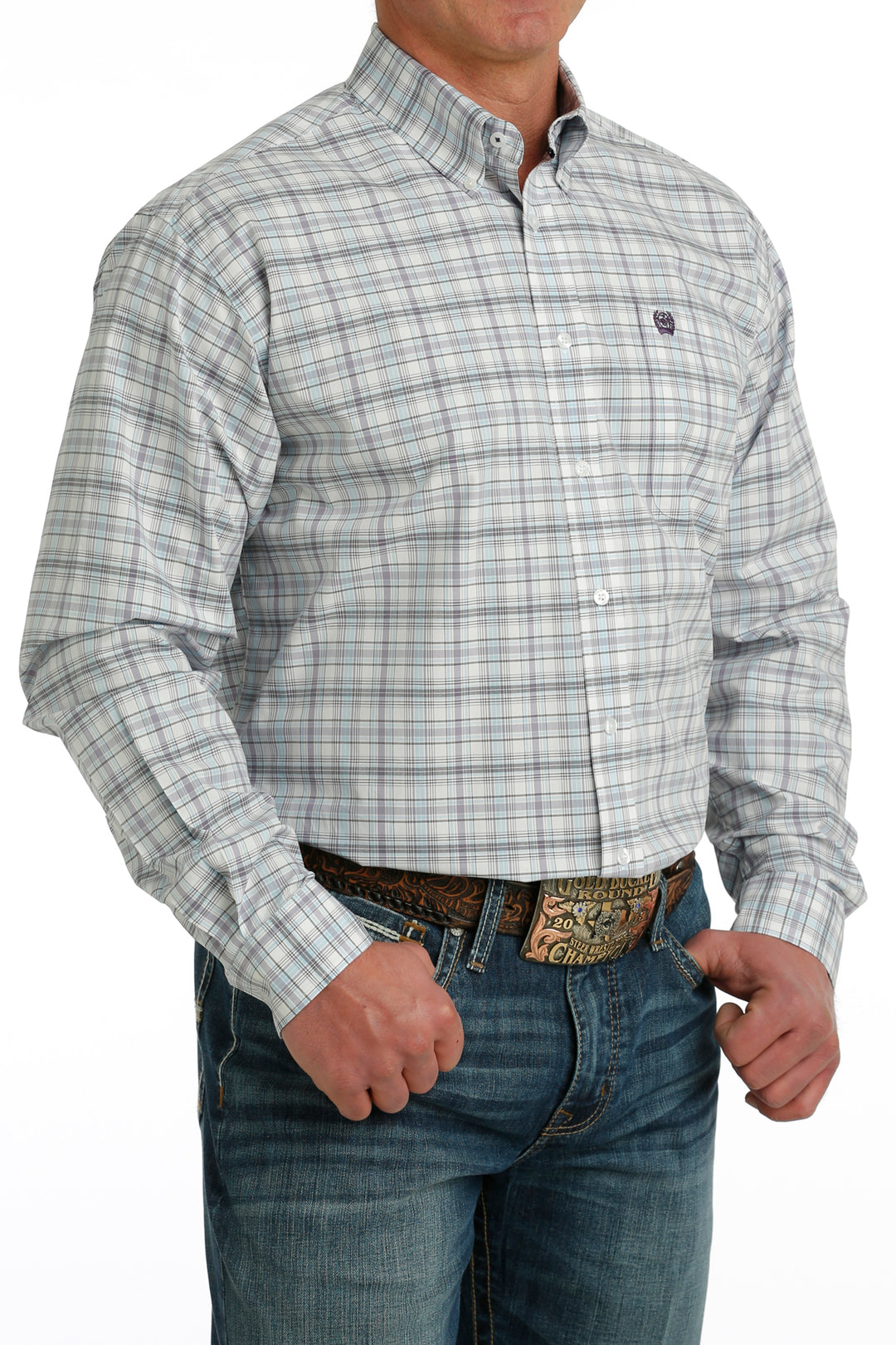 Men's Cinch Purple/White Plaid Long Sleeve Shirt - MTW1105733