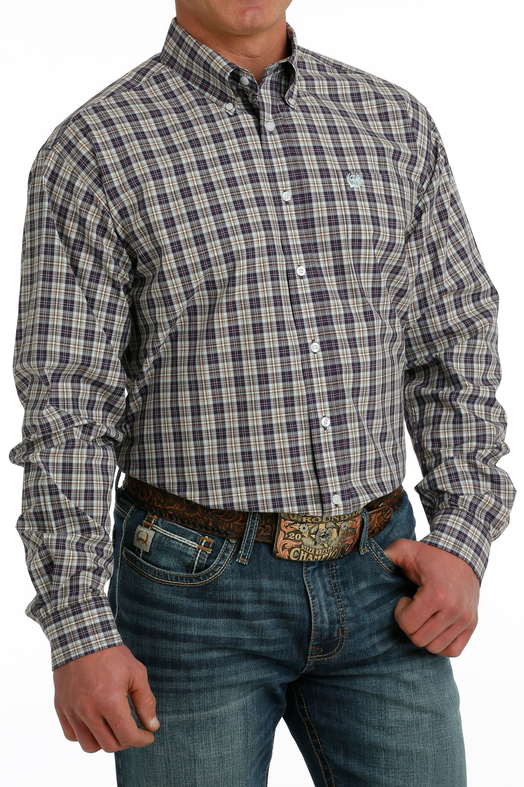 Men's Cinch Purple/Cream Plaid Long Sleeve Shirt - MTW1105740