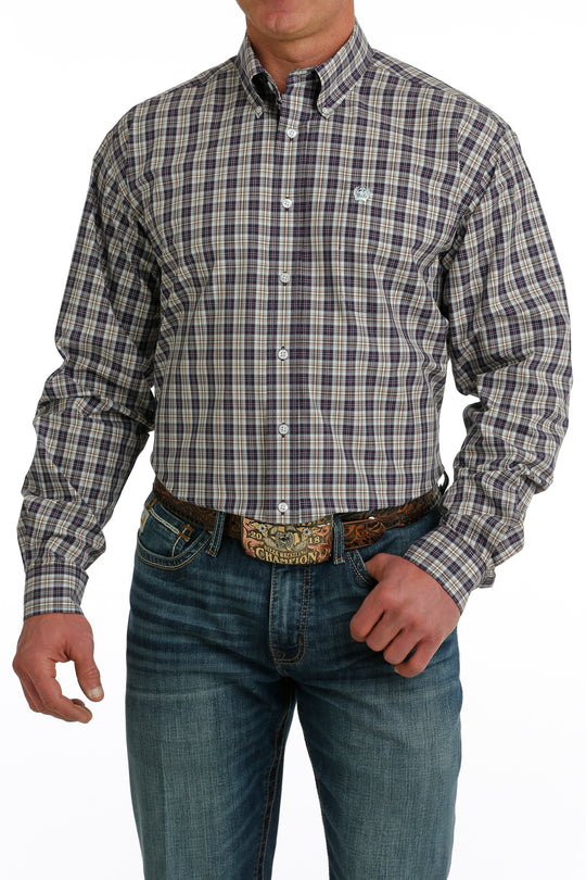 Men's Cinch Purple/Cream Plaid Long Sleeve Shirt - MTW1105740