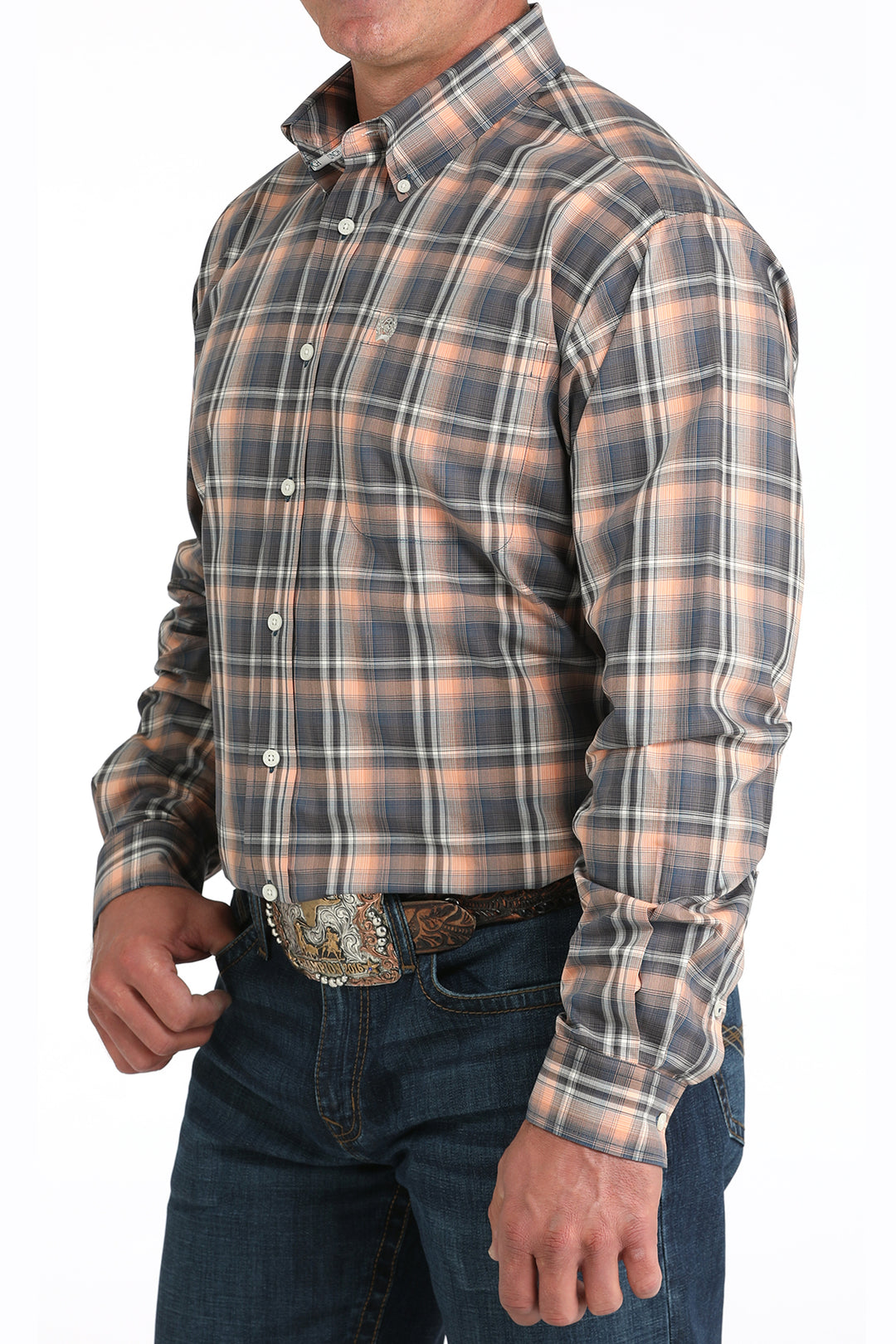 Men's Plaid Print Button-Down Western Shirt - MTW1105965