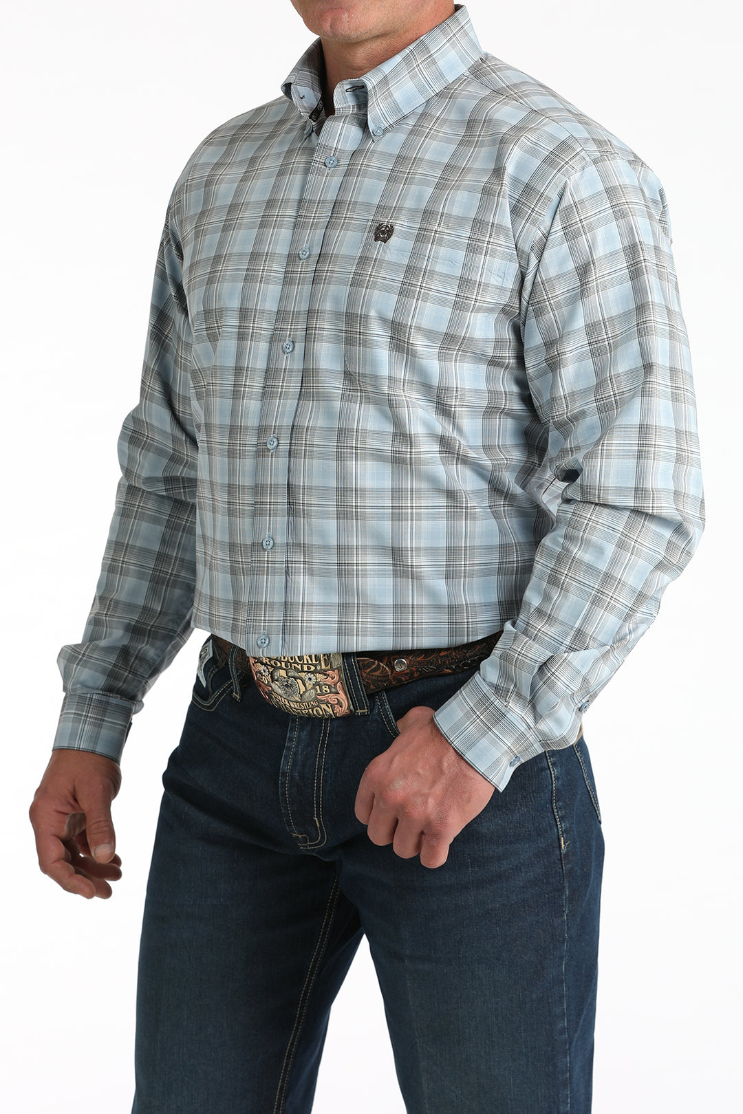 Men's Cinch Blue Plaid Long Sleeve Button Down Shirt - MTW1106000