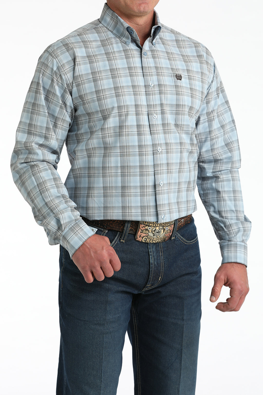 Men's Cinch Blue Plaid Long Sleeve Button Down Shirt - MTW1106000