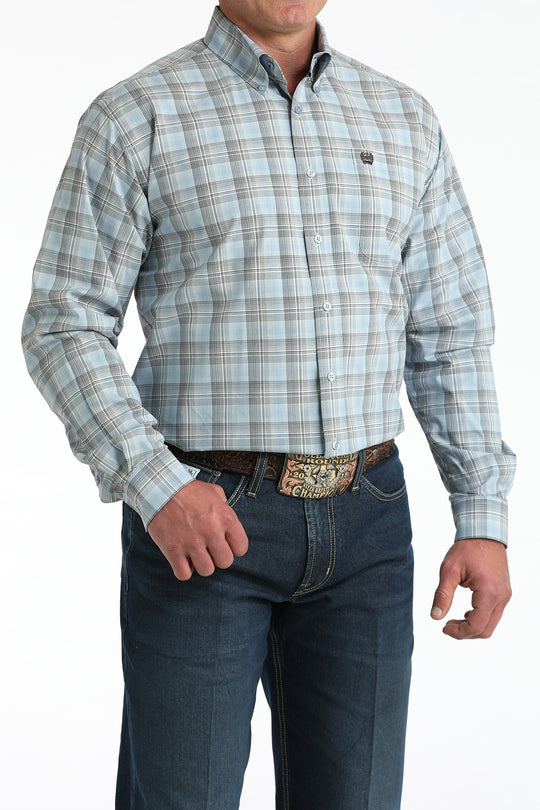 Men's Cinch Blue Plaid Long Sleeve Button Down Shirt - MTW1106000