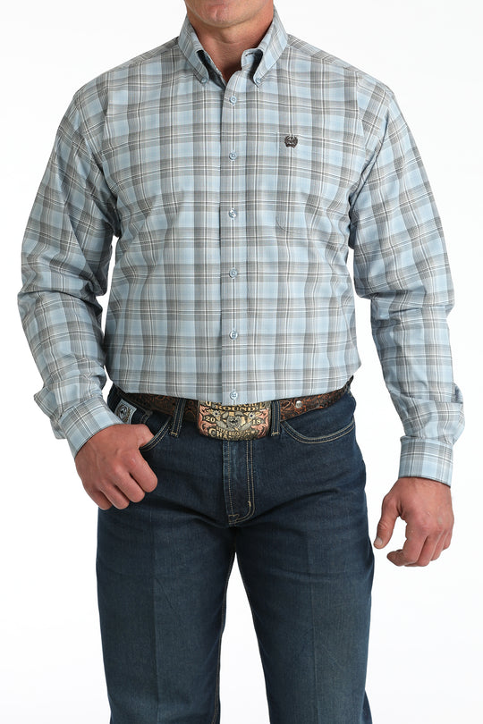 Men's Cinch Blue Plaid Long Sleeve Button Down Shirt - MTW1106000