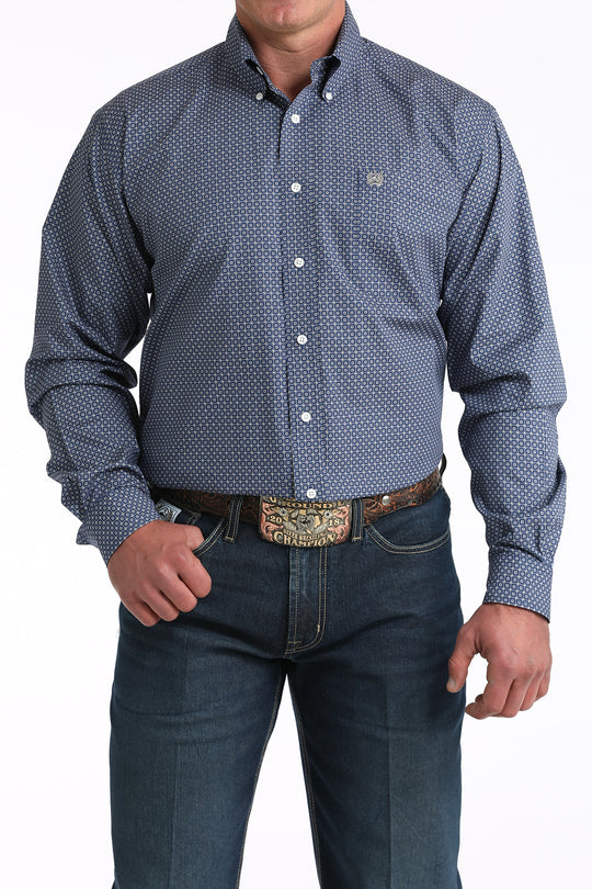 Men's Cinch Royal Blue Geometric Long Sleeve Button Down Shirt - MTW1106012- FINAL SALE