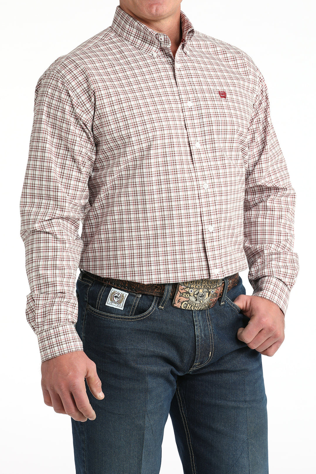 Men's Cinch Burgundy Plaid Long Sleeve Shirt - MTW1106015