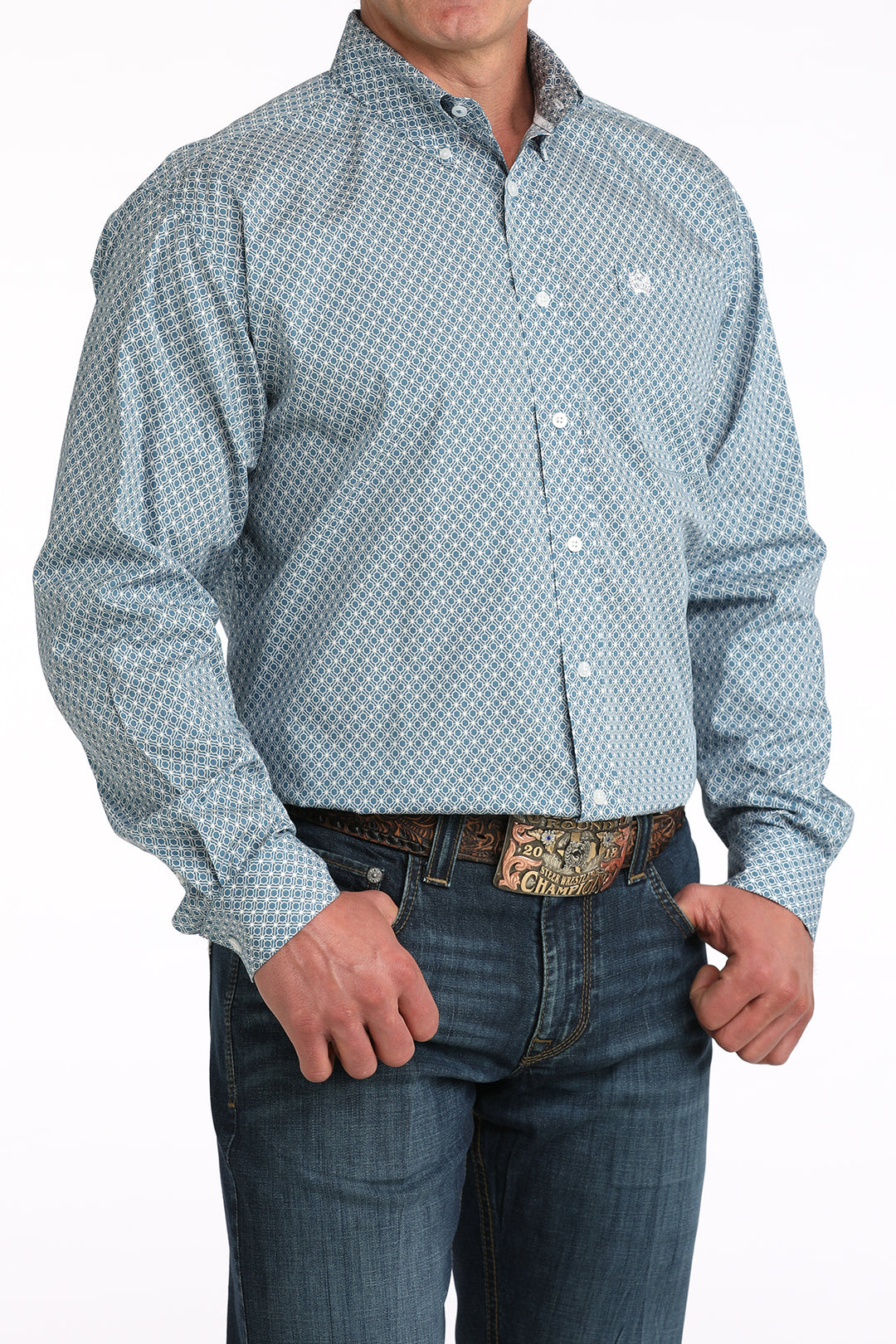 Men's Cinch Light Blue Geo Print Button Long Sleeve Shirt - MTW1106048
