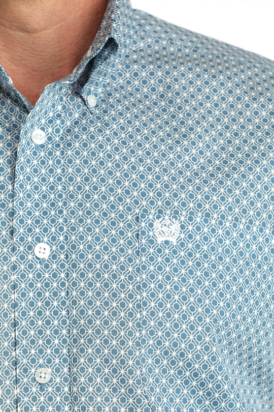 Men's Cinch Light Blue Geo Print Button Long Sleeve Shirt - MTW1106048