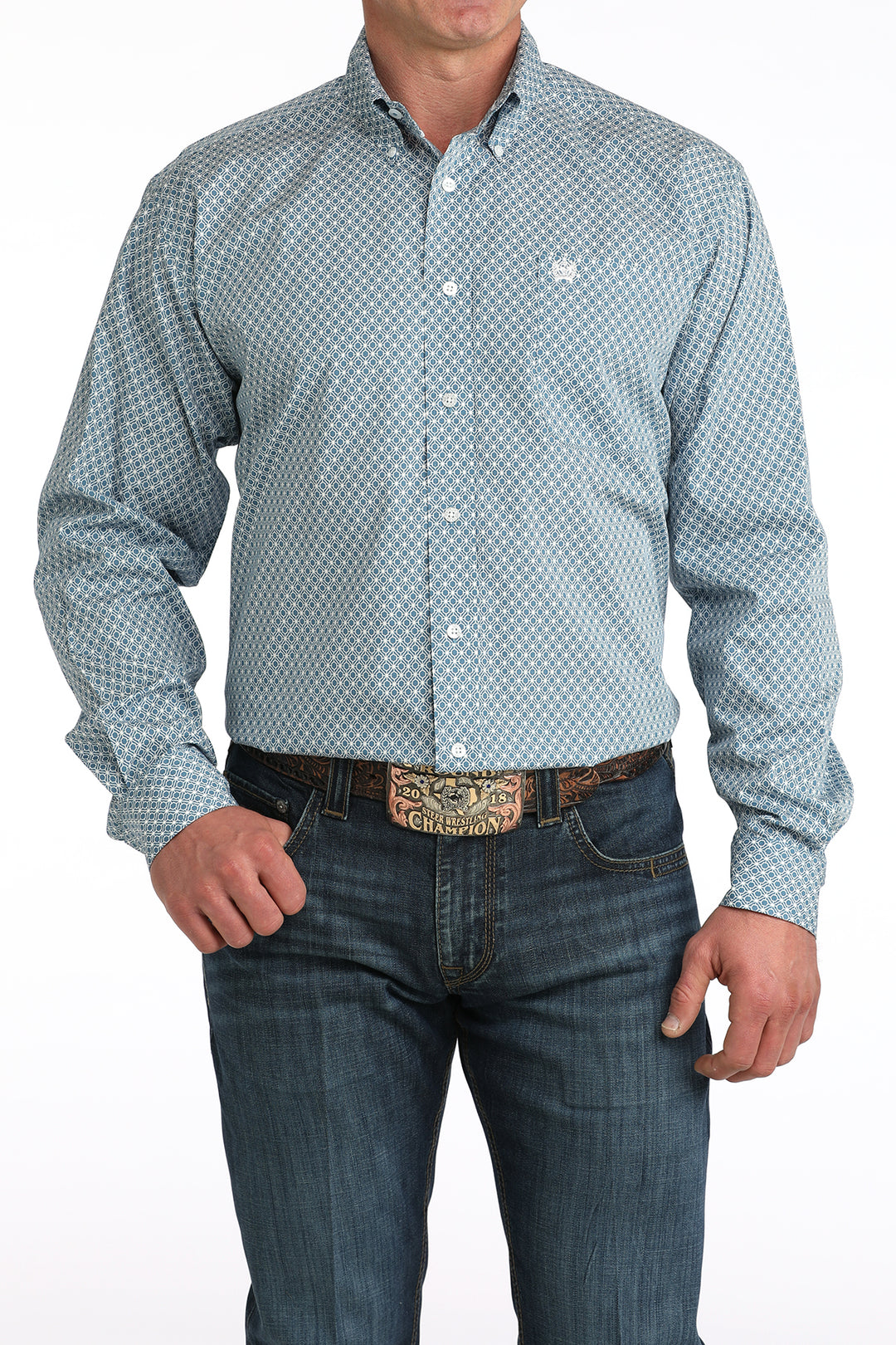 Men's Cinch Light Blue Geo Print Button Long Sleeve Shirt - MTW1106048
