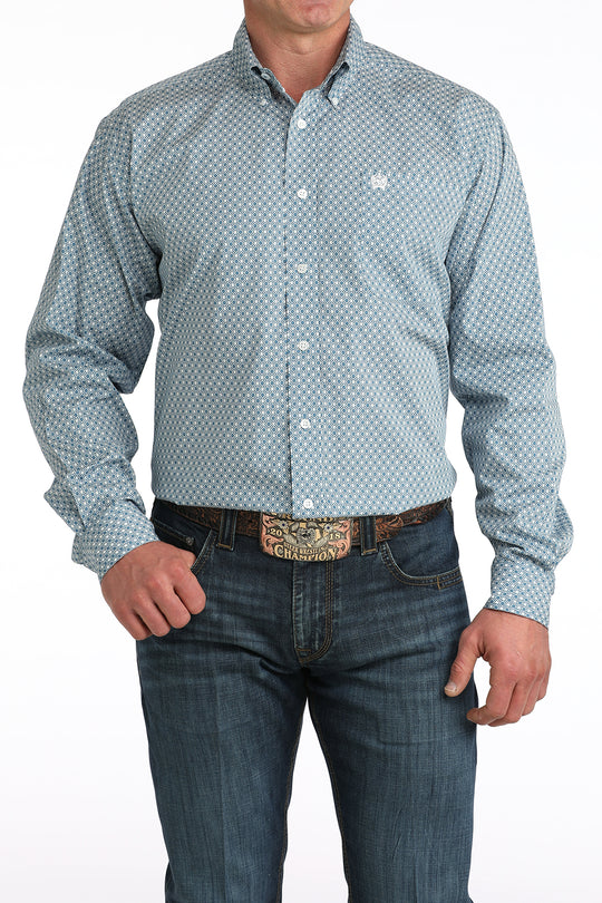 Men's Cinch Light Blue Geo Print Button Long Sleeve Shirt - MTW1106048