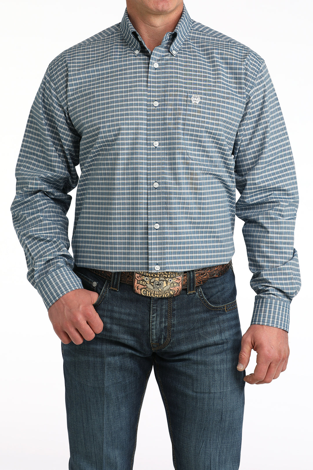 Men's Cinch Navy Plaid Button Down Long Sleeve Shirt - MTW1106053