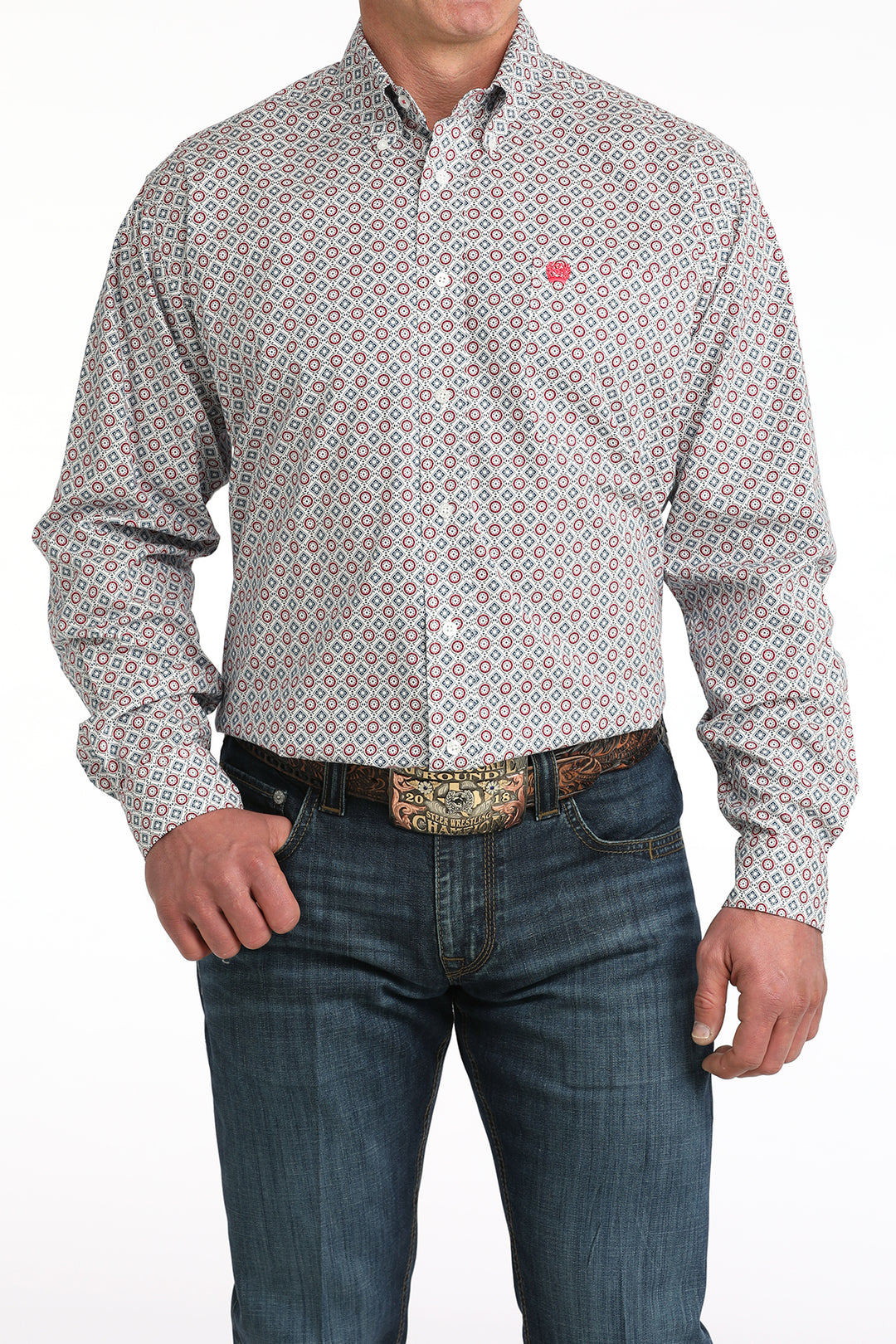 Men's Cinch White Geo Print Button Long Sleeve Shirt - MTW1106055