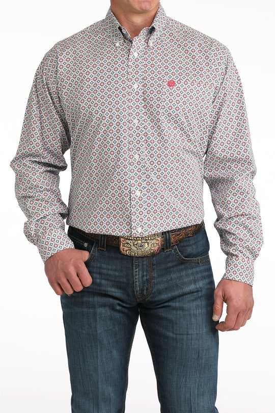 Men's Cinch White Geo Print Button Long Sleeve Shirt - MTW1106055