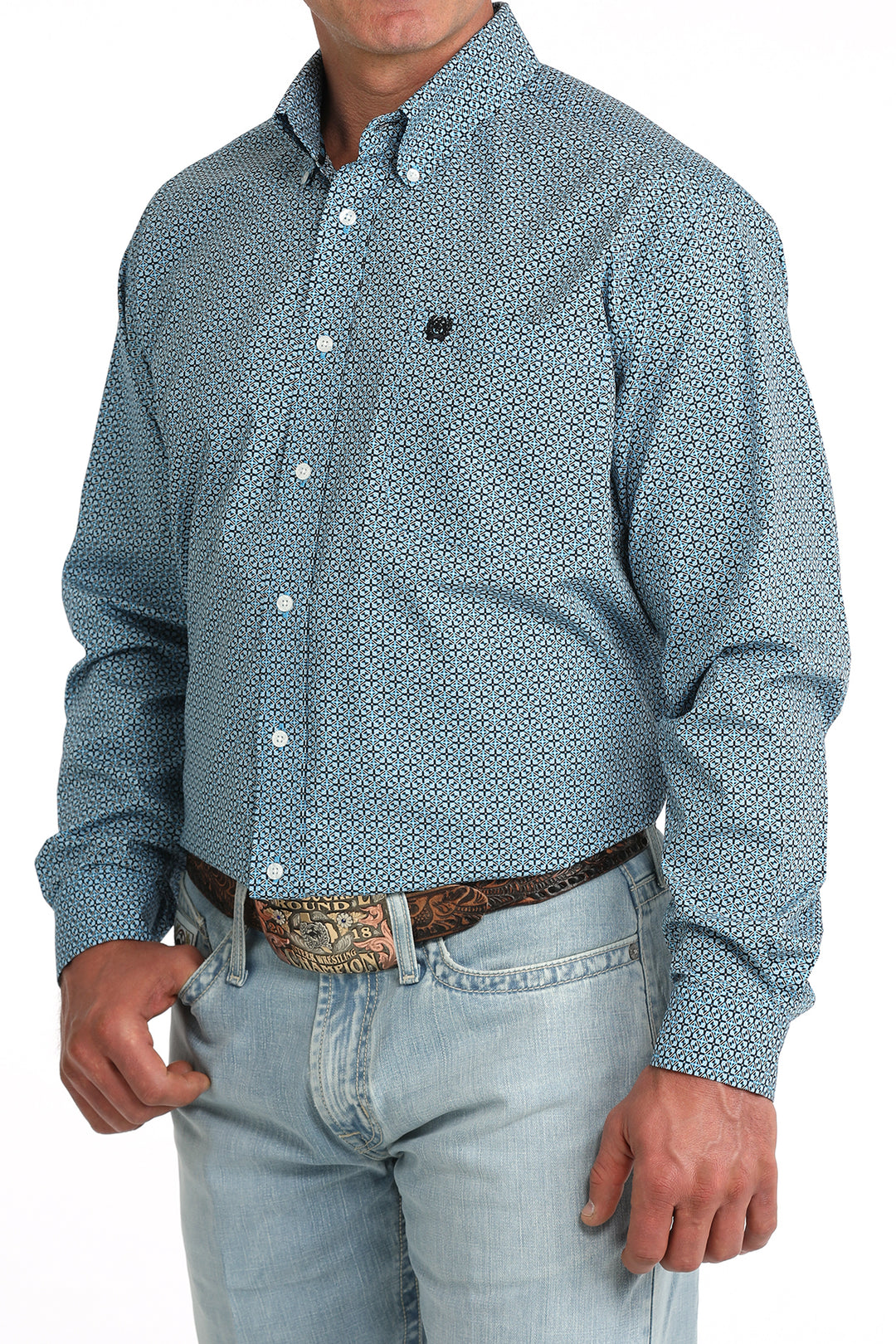 Men's Cinch Blue Geo Print Long Sleeve Shirt - MTW1106084