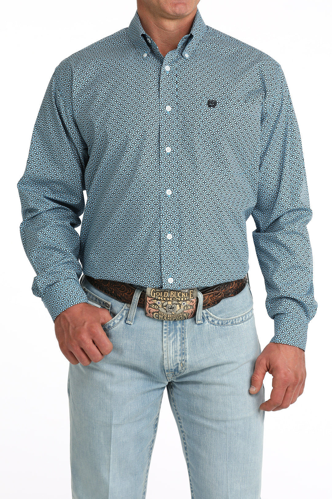 Men's Cinch Blue Geo Print Long Sleeve Shirt - MTW1106084