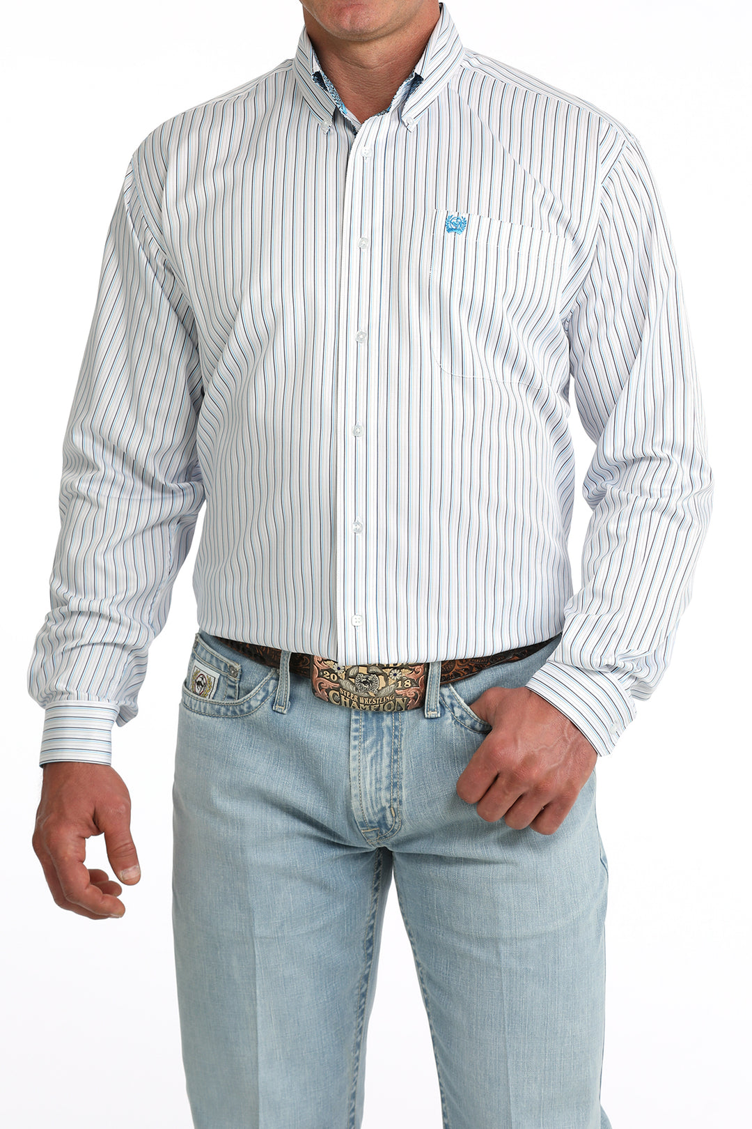 Men's Cinch White Blue Stripe Long Sleeve Shirt - MTW1106085
