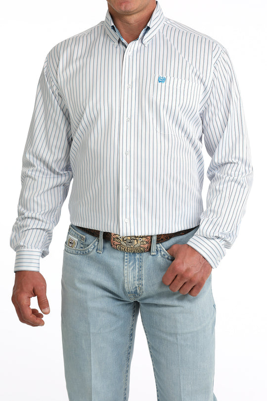 Men's Cinch White Blue Stripe Long Sleeve Shirt - MTW1106085