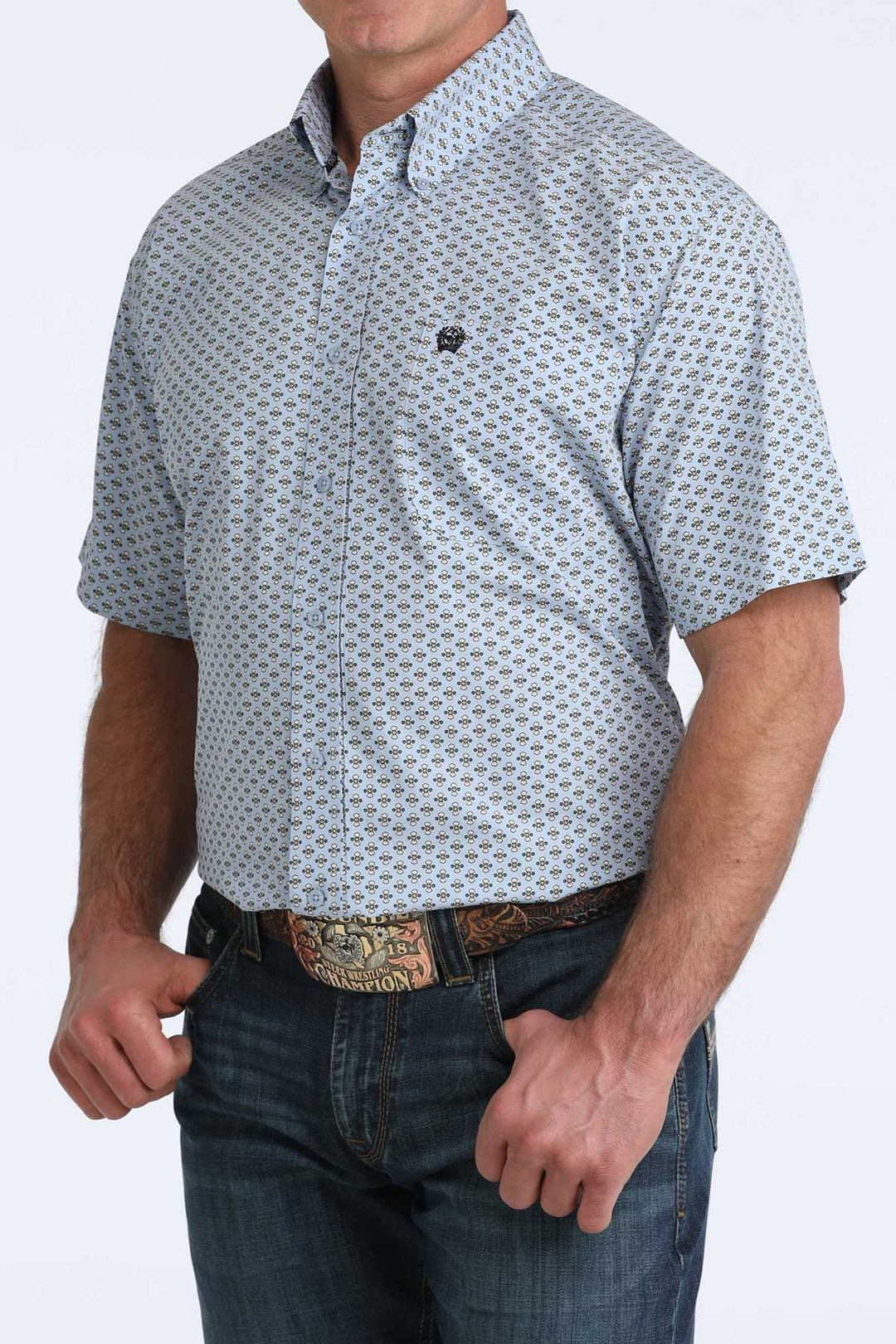 Men's Cinch Light Blue Print Short Sleeve Shirt - MTW1111515