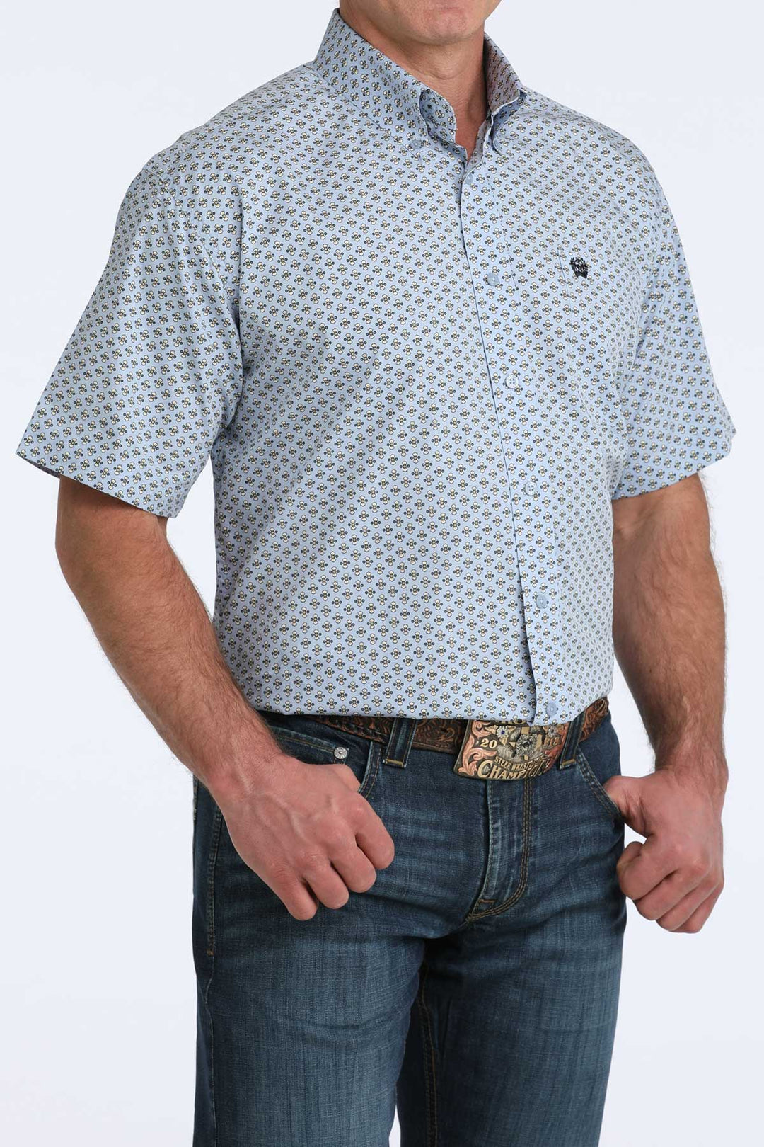 Men's Cinch Light Blue Print Short Sleeve Shirt - MTW1111515