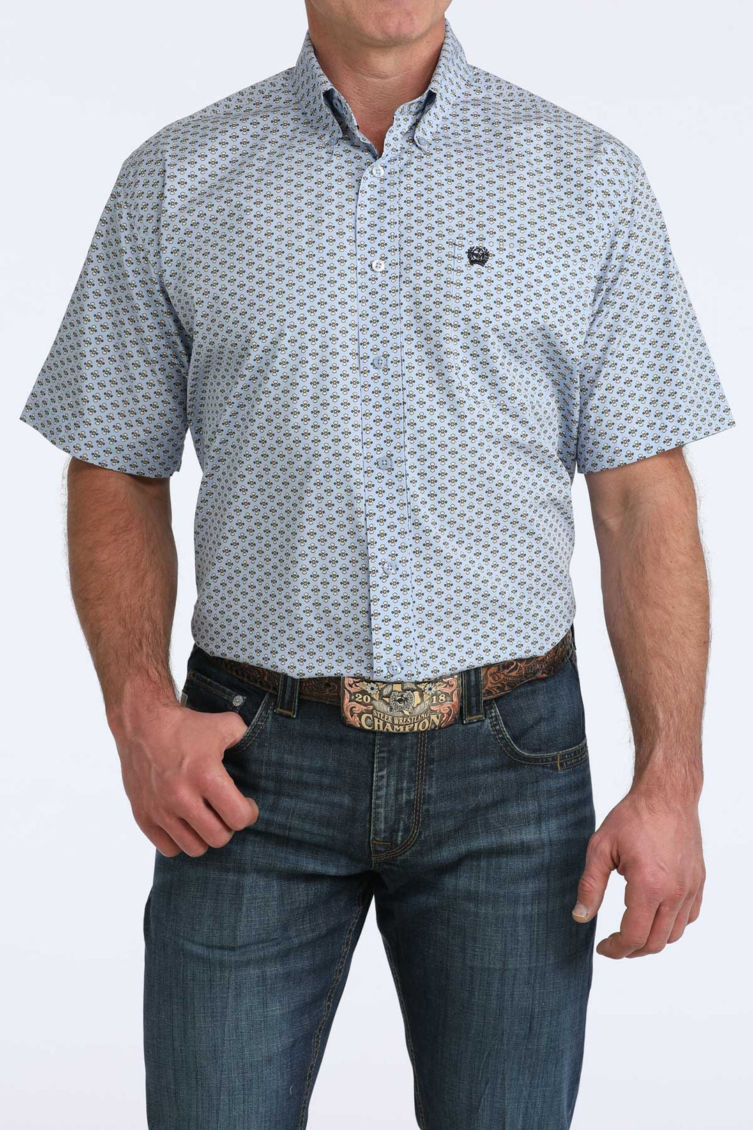 Men's Cinch Light Blue Print Short Sleeve Shirt - MTW1111515