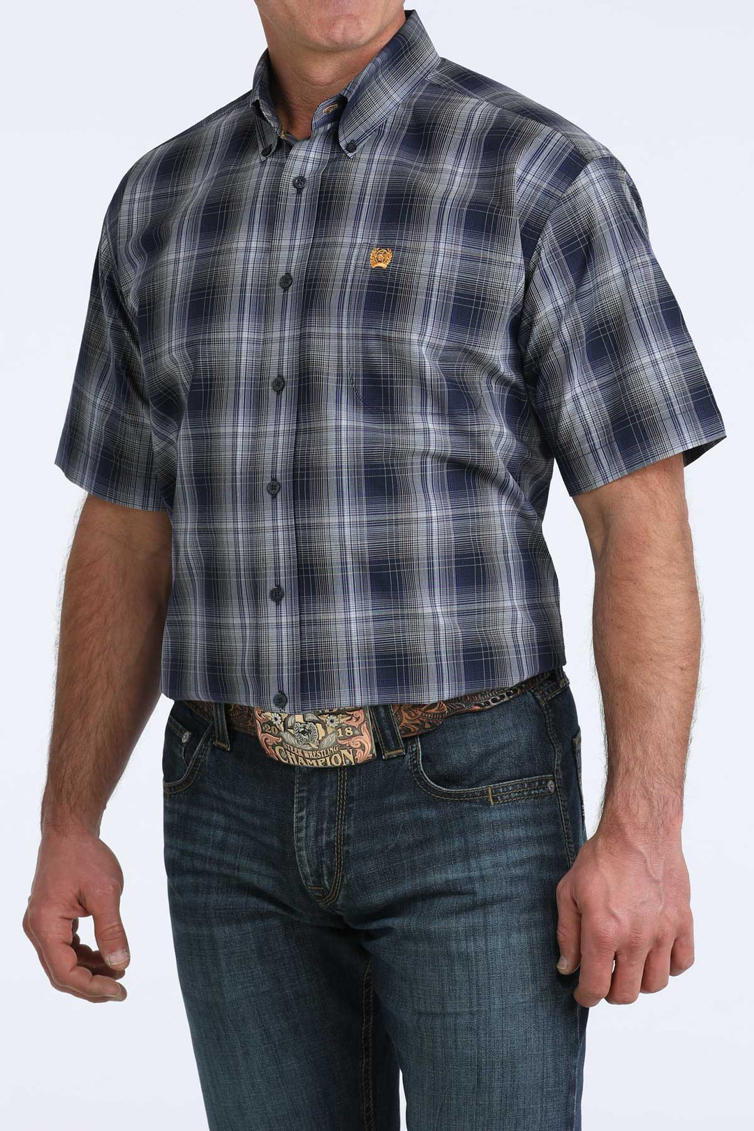Men's Cinch Navy Plaid Short Sleeve Shirt - MTW1111516