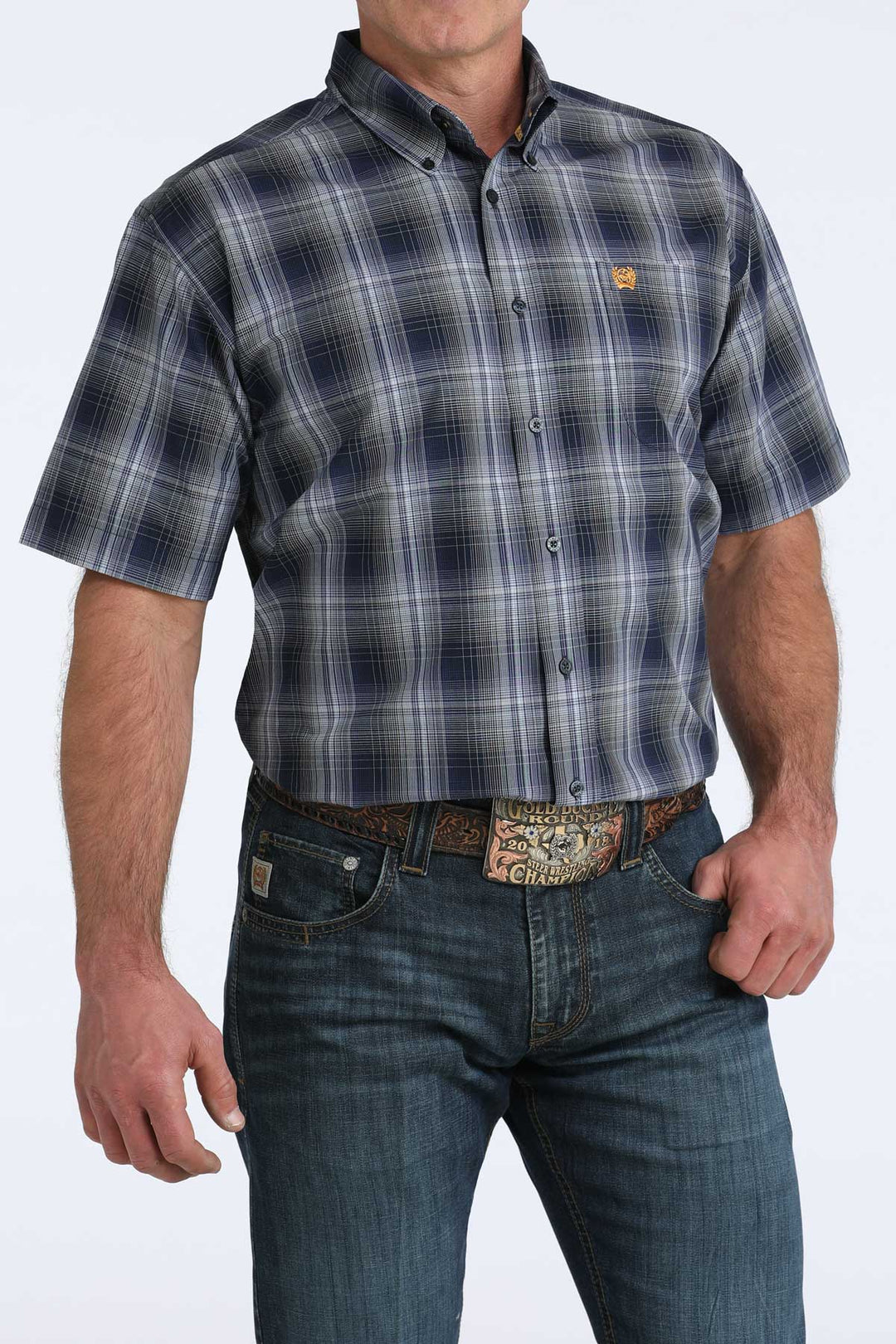 Men's Cinch Navy Plaid Short Sleeve Shirt - MTW1111516