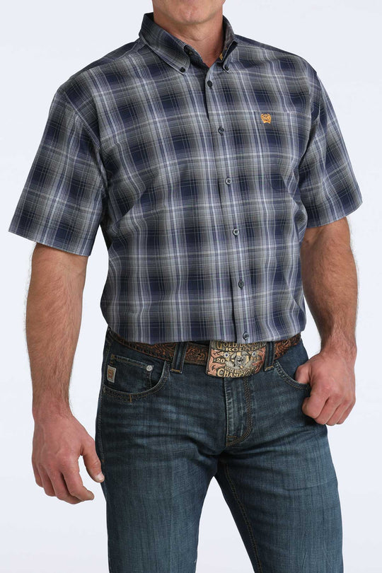 Men's Cinch Navy Plaid Short Sleeve Shirt - MTW1111516