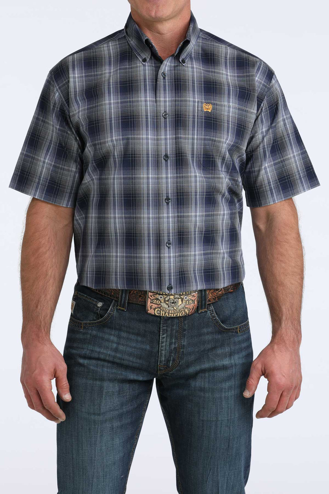 Men's Cinch Navy Plaid Short Sleeve Shirt - MTW1111516