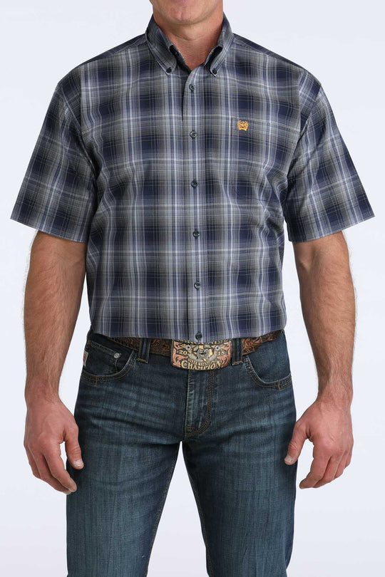 Men's Cinch Navy Plaid Short Sleeve Shirt - MTW1111516