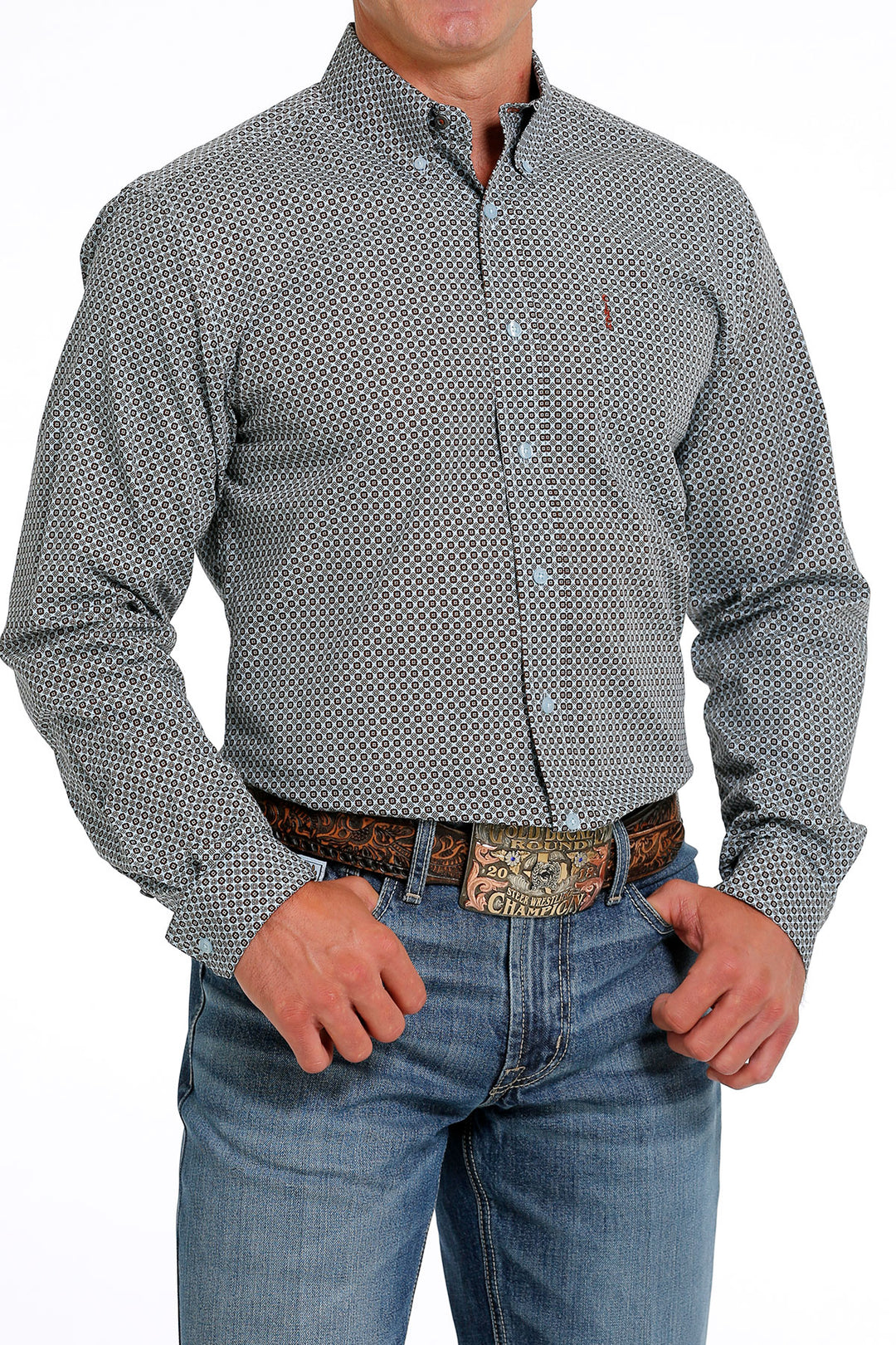 Chemise à manches longues Cinch bleu clair à imprimé géométrique pour hommes - MTW1347080