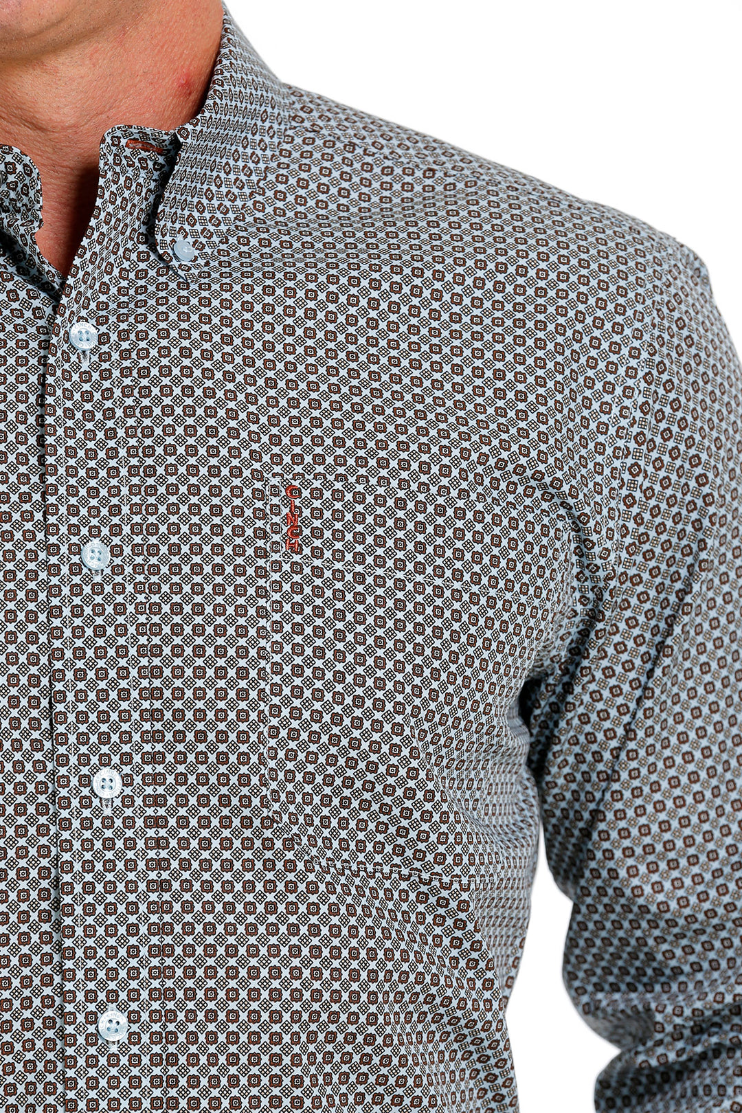 Men's Cinch Light Blue Geometric Print Modern Fit Long Sleeve Shirt - MTW1347080