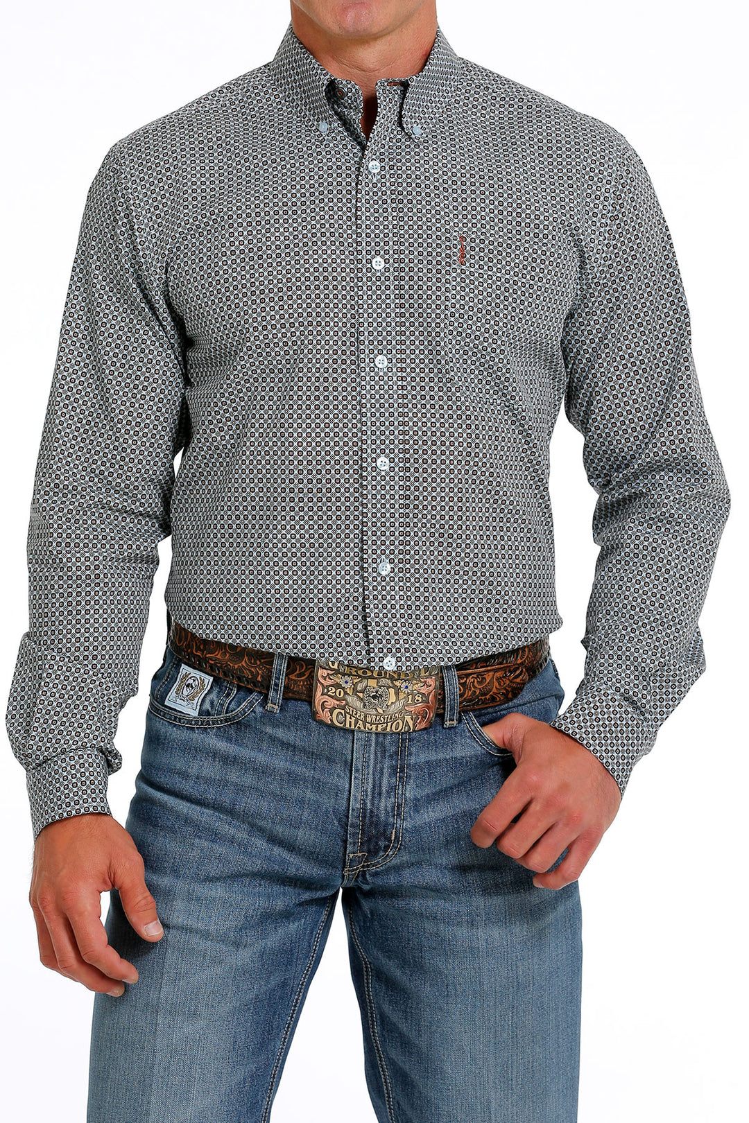 Men's Cinch Light Blue Geometric Print Modern Fit Long Sleeve Shirt - MTW1347080