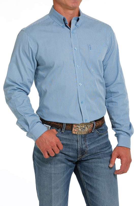 Camicia abbottonata a maniche lunghe a righe blu Cinch Modern Fit da uomo - MTW1347085