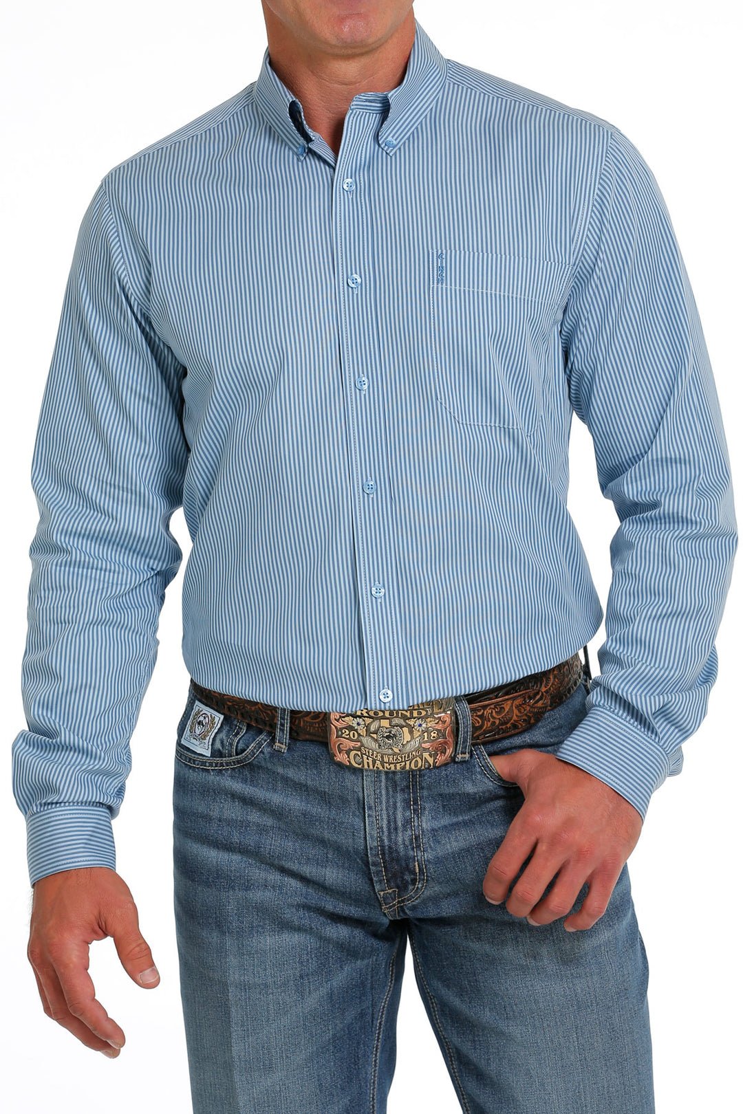 Men's Cinch Modern Fit Blue Stripe Long Sleeve Button Down Shirt - MTW1347085