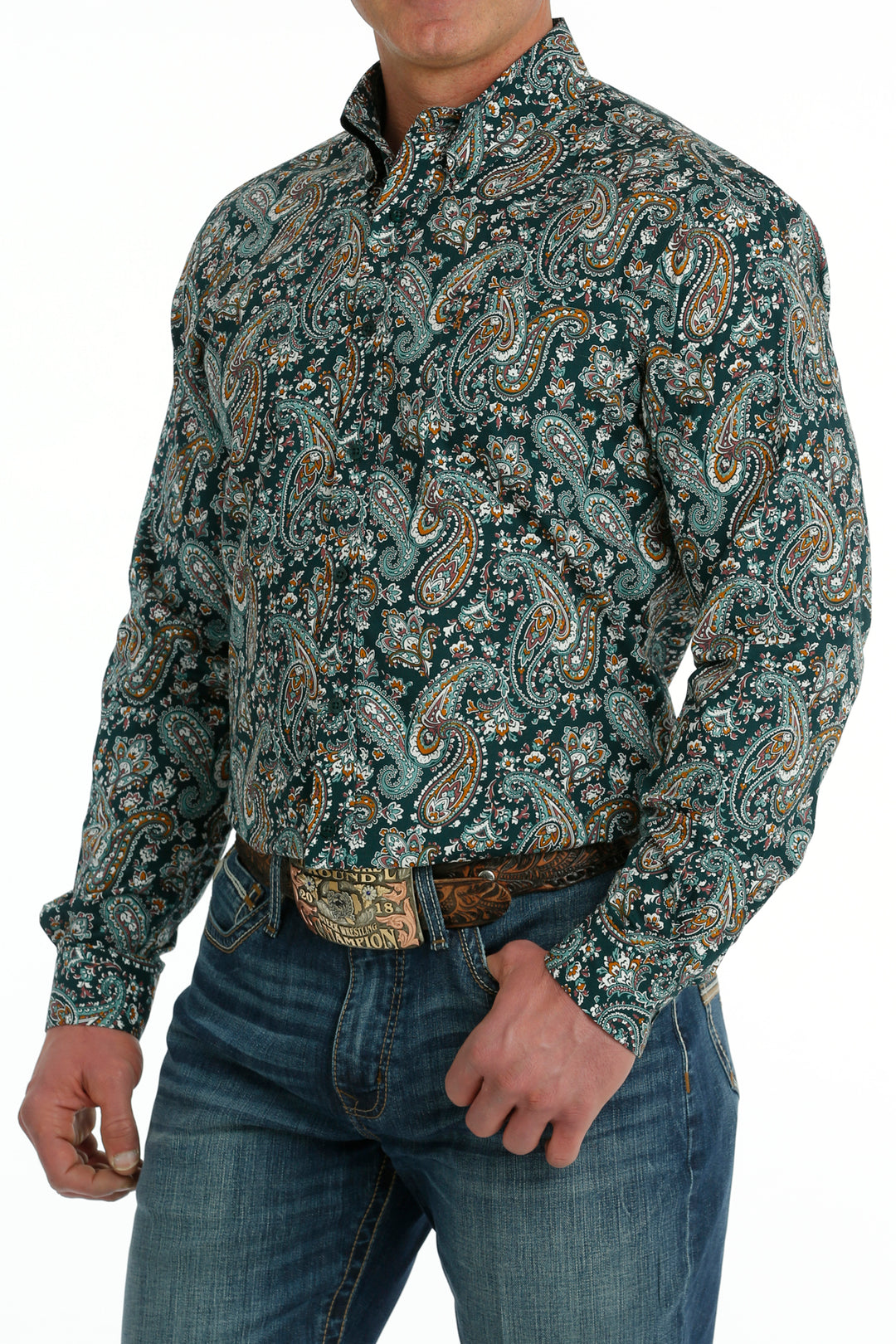 Men's Cinch Turquoise Paisley Modern Fit Long Sleeve Button Down Shirt - MTW1347096