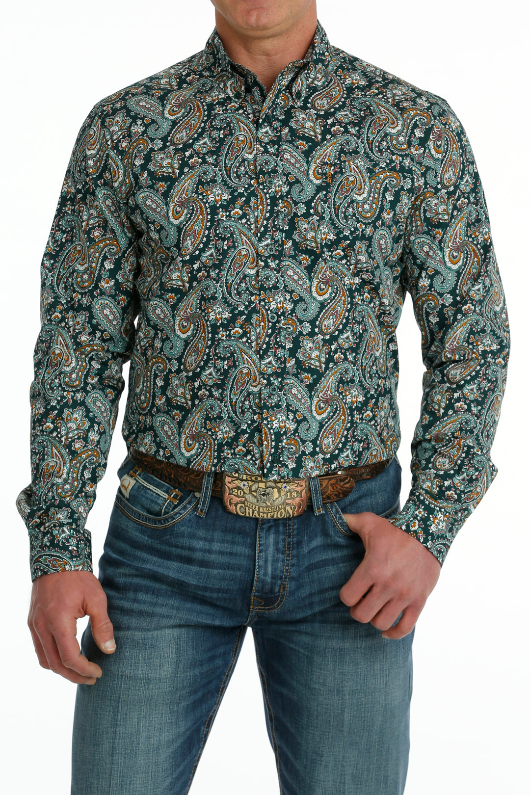 Men's Cinch Turquoise Paisley Modern Fit Long Sleeve Button Down Shirt - MTW1347096